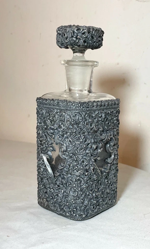 antique ornate reticulated perfume cologne metal glass silverplate bottle scent - Image 3 of 4