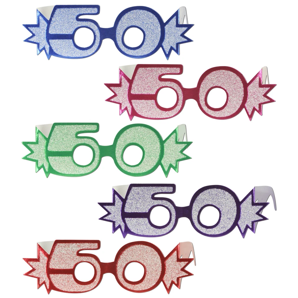 BEISTLE 50TH BIRTHDAY AGE GLITTERED FOIL SPECTACLES, 5 COLOURS, PARTY GLASSES