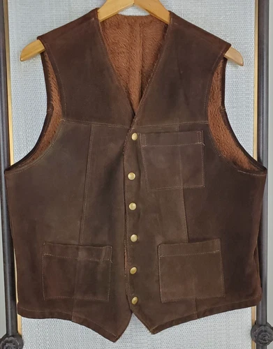 VTG BUCKBOARD Maryland Size 40 Mens Thick Suede Sherpa Snap Vest Western Brown - product listing photo