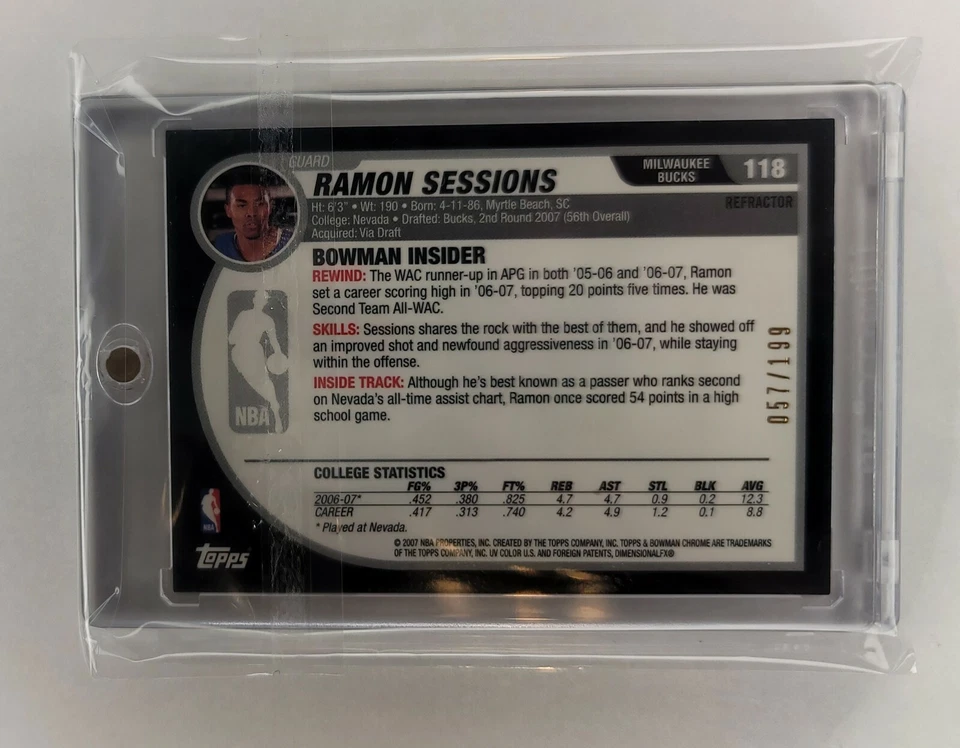 2007-08 Bowman Chrome Ramon Sessions Black HOLO Rookie Refractor #/199 RC Legend - Image 3 of 3