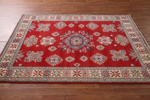 Geometric Red/ Ivory Super Kazak Oriental Hand-knotted Rug Area Carpet 5'x7' - Picture 9 of 12
