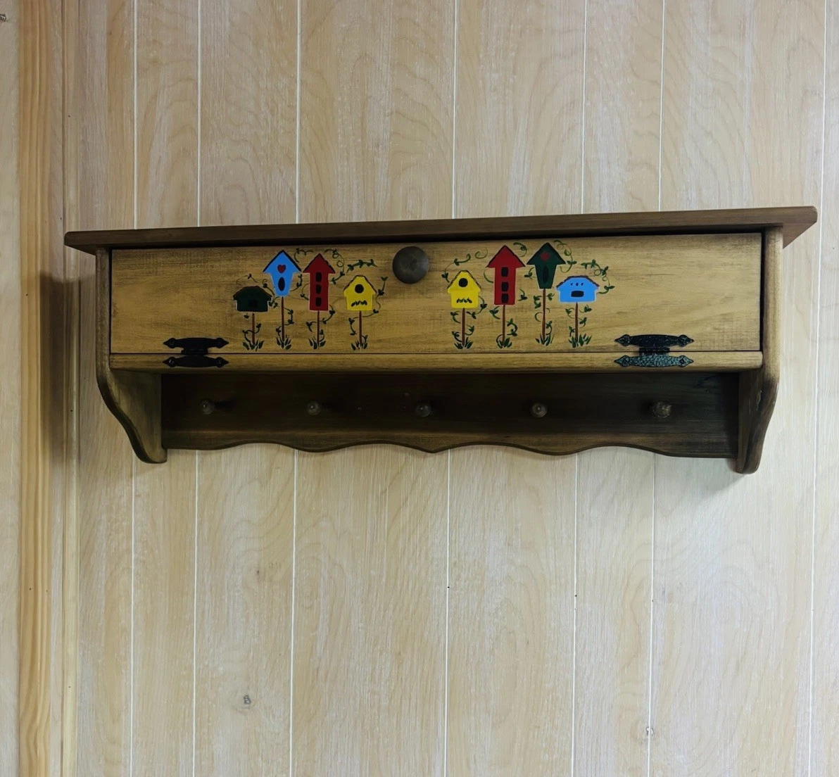 Vintage Country Wall Shelf w/ Hooks Hand Painted Birdhouse