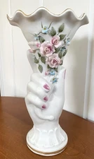 Lefton Vintage White Hand Pink Nail Vase With 3D Pink Roses & Gold Trim Lefton