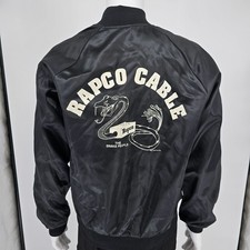 Vintage 1980s Rapco Cable Back Graphic Black Nylon Satin Bomber Jacket L 