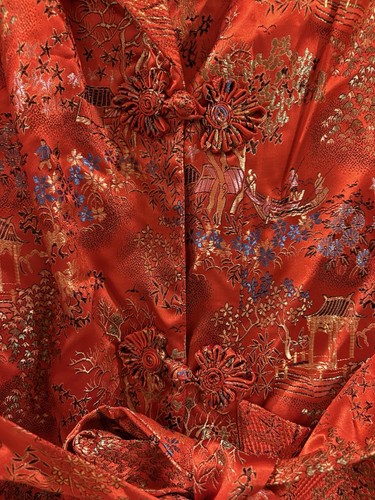 NWT 1970'S VINTAGE RAYON ASIAN STYLE SATIN BROCADE DRESSING GOWN PEONY 34 Small - Picture 2 of 6