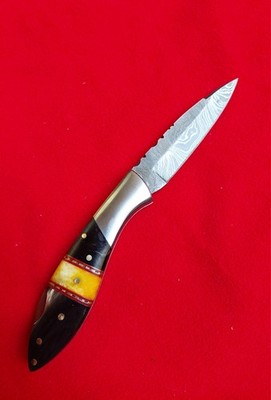 7'' Rudy Stan Pocket Folder w/ Damascus Steel, Bone & Horn Grip  & Carry Case.
