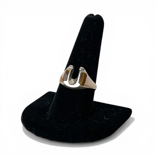 Vintage 80s Taxco Sterling Silver Tiger's Eye Horseshoe Ring Size 10