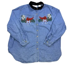 VTG Womens Bobbie Brooks Denim Shirt Button Up Long Sleeve Christmas Cardinal 22