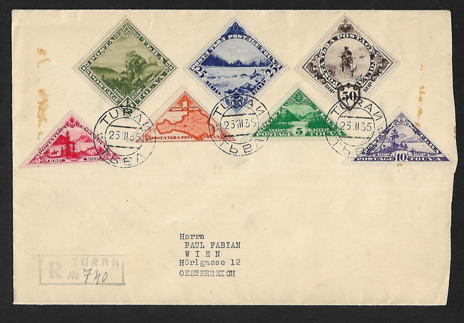Doimond Triangle TANNU TUVA TURAN TO AUSTRIA MULTIPLE DIAMOND & TRIANGLE ON REGD. COVER ...