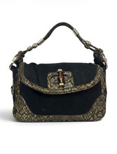 MARCO VALENTINO Vintage Black Canvas Shoulder Bag Snakeskin Trim Bamboo Lock