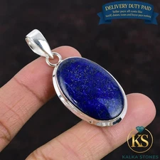 New Year Deal Natural Lapis Lazuli Sterling Silver Art Deco Mother Bezel Pendant