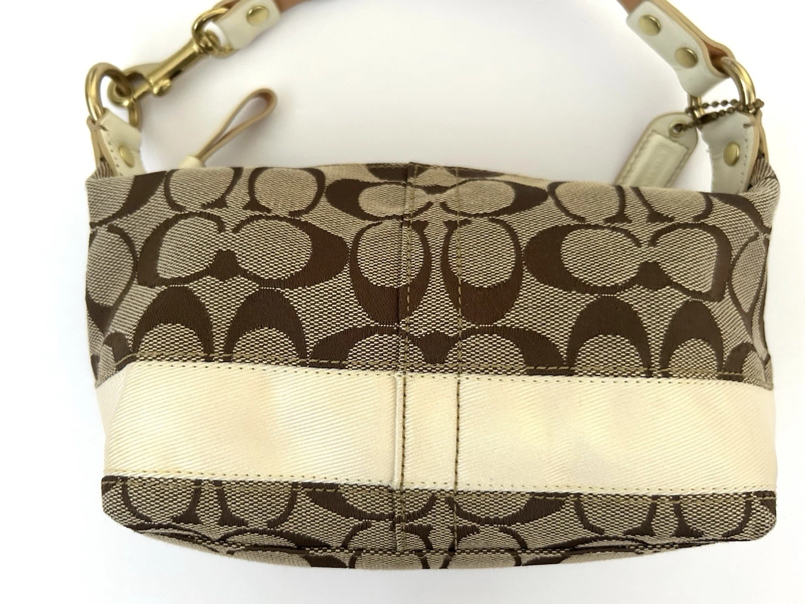 Mini borsa vintage Y2K Coach firmata tela avorio bordo pelle Sufflette 40024