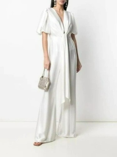 NWT Galvan London Eden Plunging Wide Leg White Satin Bridal Jumpsuit Puff Sleeve - Picture 4 of 21