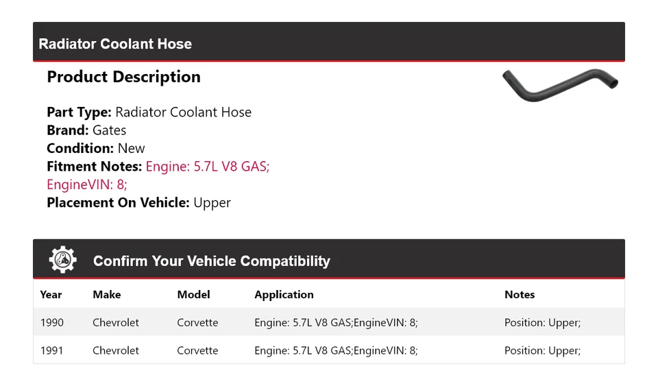 For 1990-1991 Chevrolet Corvette 5.7L V8 GAS Radiator Coolant Hose Upper Gates - Image 2 of 4