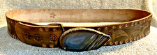 VTG Hand-Tooled Eagle Star Leather Belt  Agate Buckle "ROSE ALICE" 35.5"-39.5"