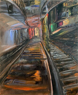 SUBWAY ADVENTURE  Arthur Robins Original OIL Painting  cityscape New York Subway