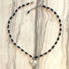 Blessed Be Heart Pentacle Beaded Chain Necklace Black & Silvertone 16"-17.5"