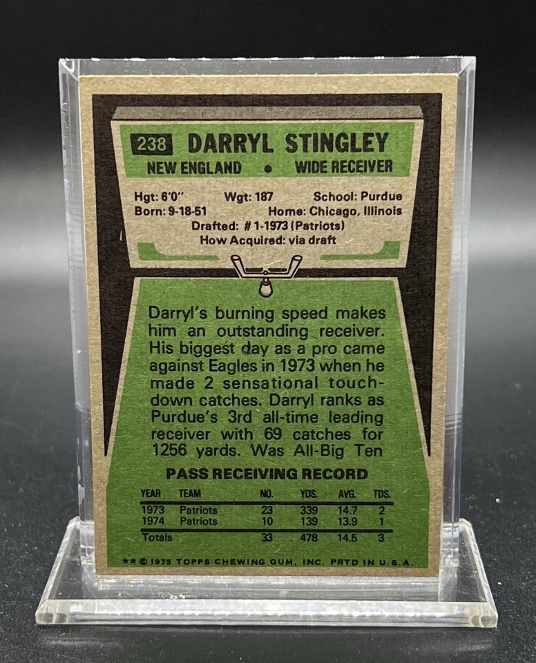 1975 TOPPS #238 DARRYL STINGLEY PATRIOTS - Image 2 of 2