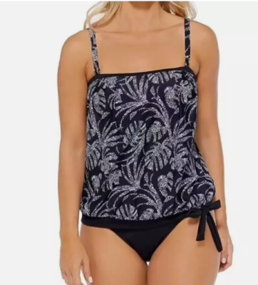Island Escape Womens Tankini Swim Top Black/White Palm Waist