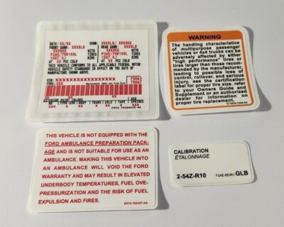 Door Jamb Data Decals 90-02 Ford F150 F series Bronco Truck CALIBRATION WARNING
