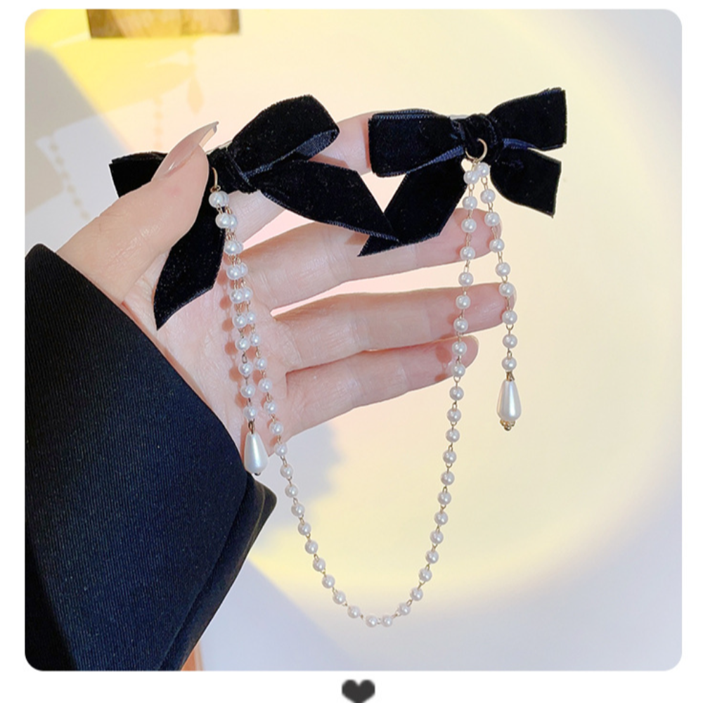 Elegant Bow Pearl Chain Hairpins Velvet Hair Clips Fashion Hair