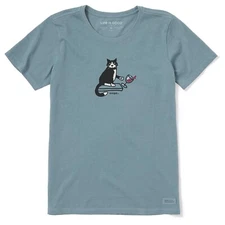 Life is Good. Women's Oops Cat Short Sleeve Crusher Tee, Smoky Blue