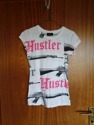Vintage Y2k Hustler Magazin T-Shirt gangster hip hop tattoo S Shirt weiß pink 