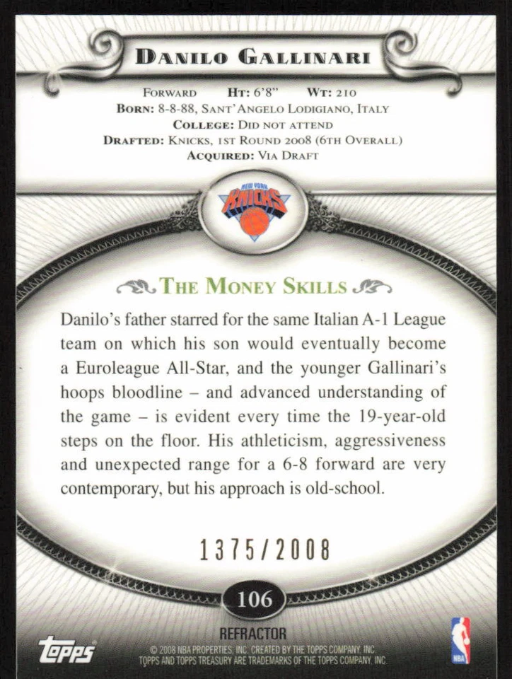 2008-09 Topps Treasury Refractors Bronze Rookie Danilo Gallinari /2008 NY Knicks - Image 2 of 2