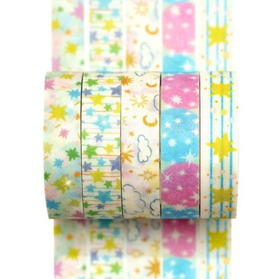 Yubx Masking Tape 5-Piece Set: Cute Patterned Washi Paper Tape With Glitter Des_