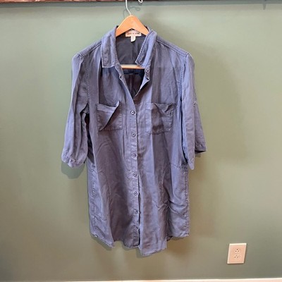 cloth & stone button front shirt dress blue roll tab sleeves size S