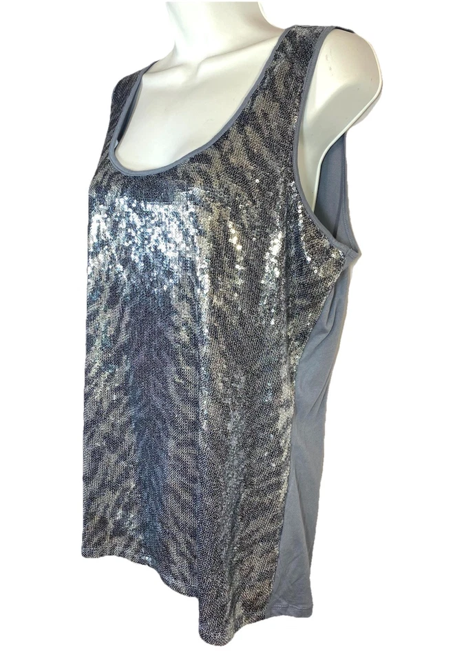 Chicos Zebra Glam Sequin Tank Top River Wash Blue Cotton Chic Size 2 Large NWT - Image 3 of 4