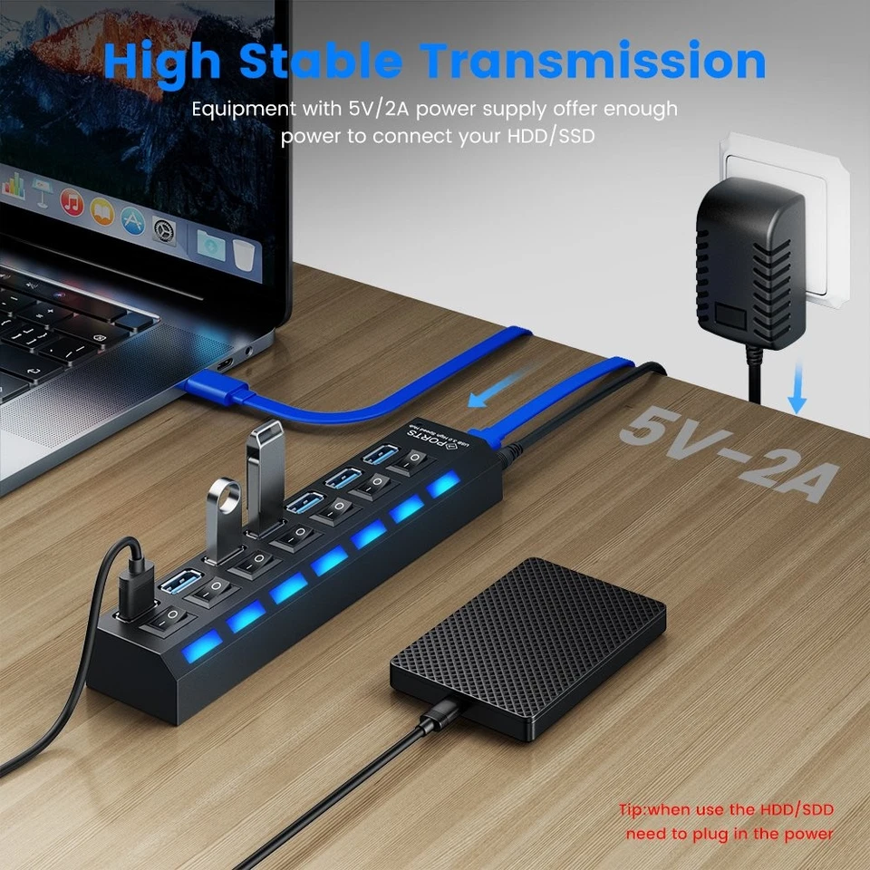 USB 3.0 Hub 4 7 Port Splitter Adapter mit Aktiv Netzteil Verteiler für PC Laptop - Bild 3 von 4