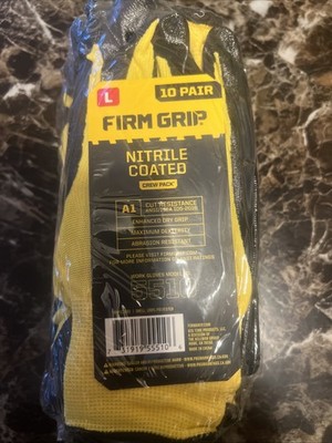 Firm Grip Nitrile Coated Tough Working Gloves Size Large Brand New 10 Pair Pack