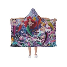 Rare The Little Mermaid Print Hooded Blanket Soft Fleece Lining Wearable