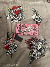 Ed Hardy Pink ZA Faux Leather Wallet With Leopard  Rose Tattoo NWT