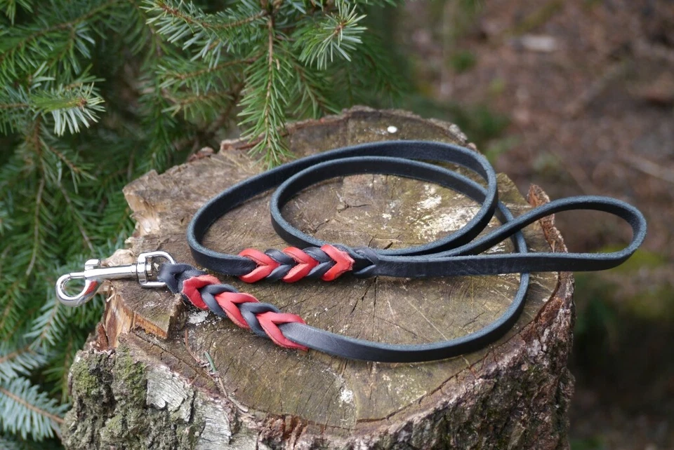 HANDGEFERTIGT Zweifarbige Fettlederleine, Führleine geflochten, Lederleine mit Handschlaufe