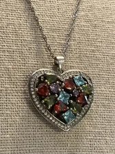 FZN FUZION CREATIONS sterling silver multi color cz Heart Necklace 17” large