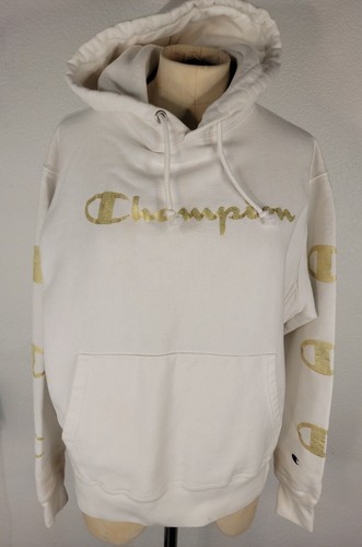 CHAMPION Herren M Kapuzenpullover Reverse Weave Hoodie Heavy White Golden Spellout