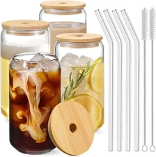 NETANY Drinking Glasses with Bamboo Lids and Glass Straw 14 Piece Set, Clear 
