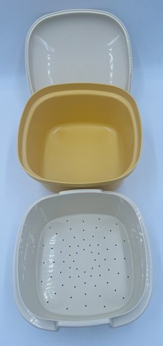 Tazón cuadrado de vapor para microondas Tupperware vintage 3 piezas 888-1 cosecha oro - Imagen 2 de 10