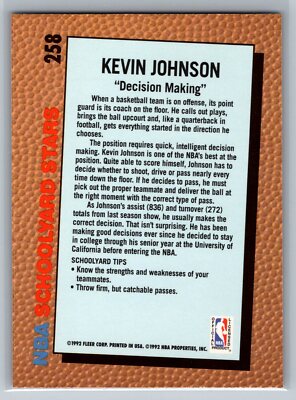 Kevin Johnson 1992-93 Fleer Schoolyard Stars BASKETBALL #258