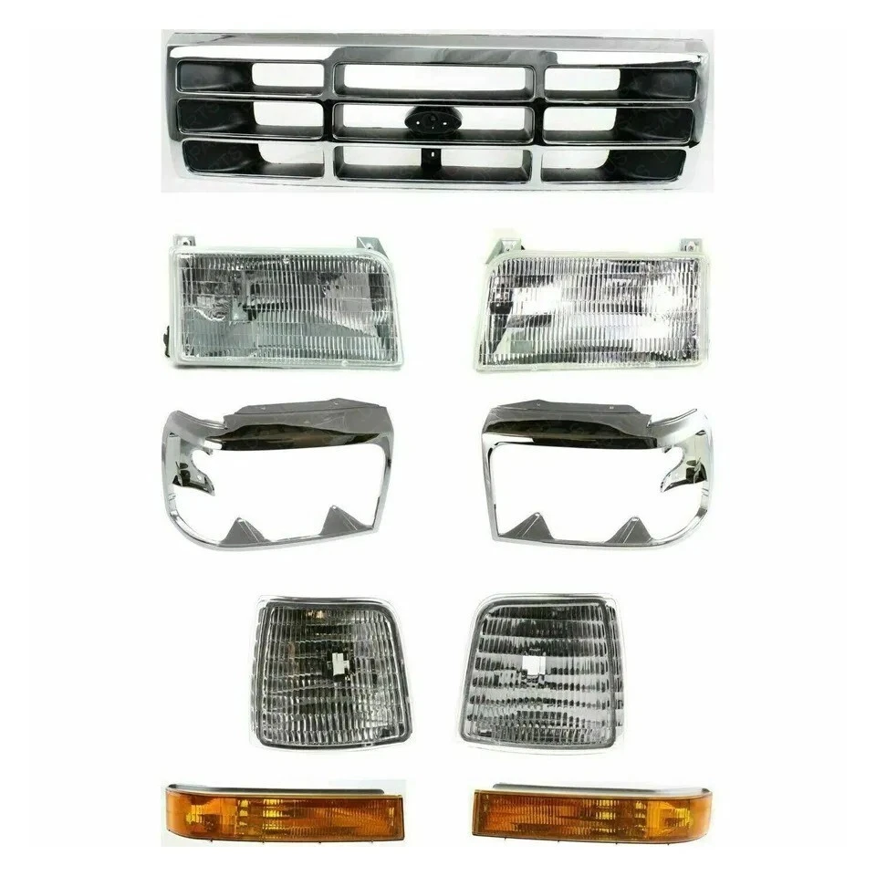 New Front Grille Chrome + Headlights Kit Fits 1992-1997 Ford Bronco F-150 F-250 - Imagem 2 de 4