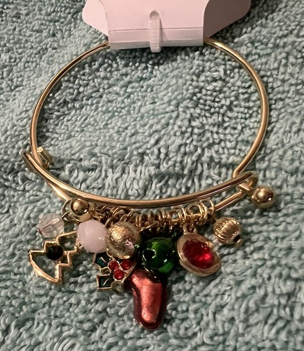 NWT Joyland Holiday Christmas Bracelet Holly Tree Bell Ornament Gold Tone