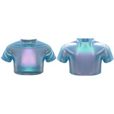 Kids Girls T-shirt Dance Crop Top Metallic Tee Modern Round Neck Disco Costume