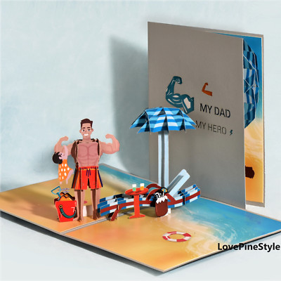 E06-3D Pop-Up Card: My Dad, My Hero-Handcrafted Beach Play Scene-Father and Chil