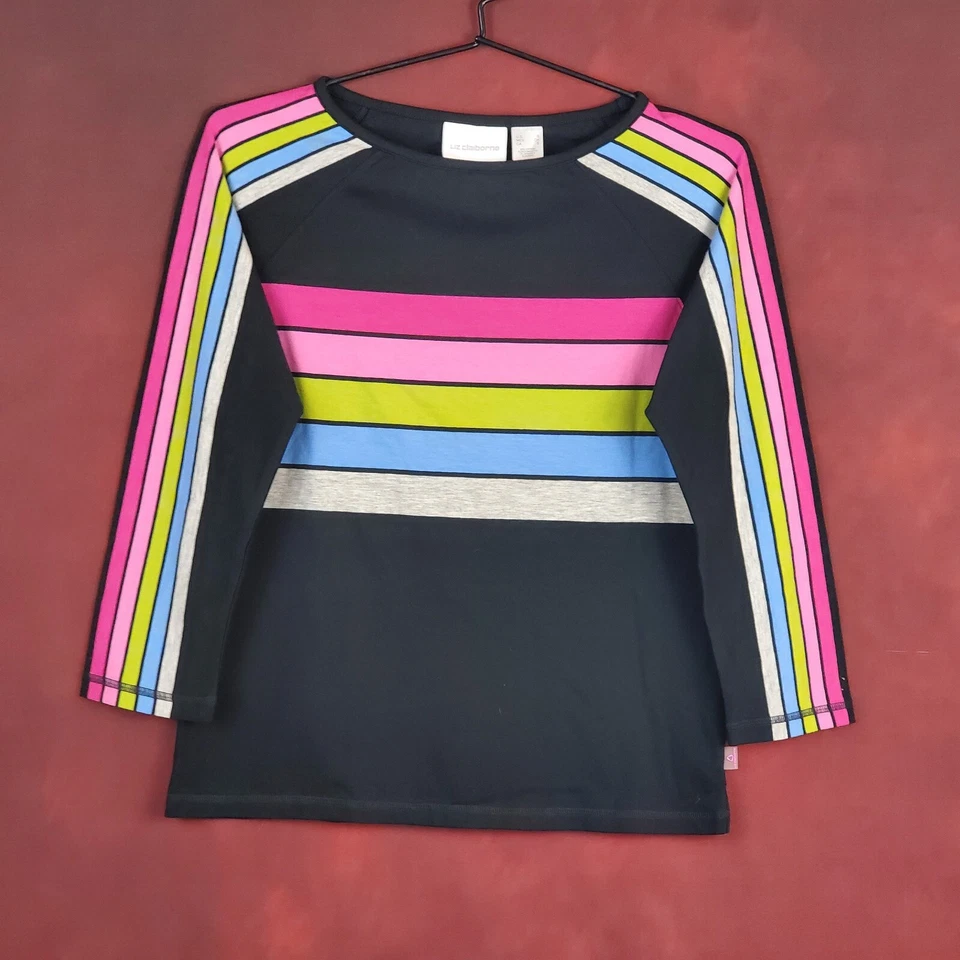 Vintage Liz Claiborne Top S Raglan Stretch Cotton Pullover Black Pink Gray Blue - Image 2 of 4