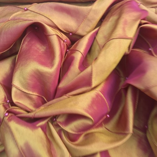 Gold Shot Pink Quilted Pearls Trellis Diamond Taffeta Fabric Dress Curtain 60"