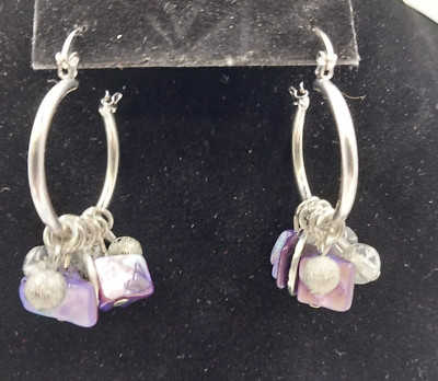 Catherines Silver Tone with Lilac Clear White Drop Dangle Beads Hoop Earrings 1''