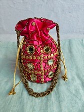HANDMADE INDIAN ETHNIC CLUTCH SILK POTLI BATWA POUCH BAG WITH METAL BEADWORK ART