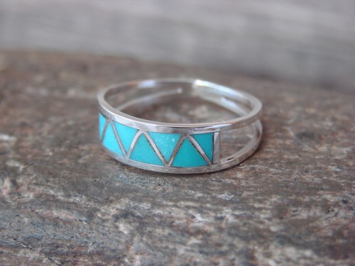 Zuni Indian Sterling Silver Turquoise Inlay Ring by Peina- Size 10 - Picture 2 of 5